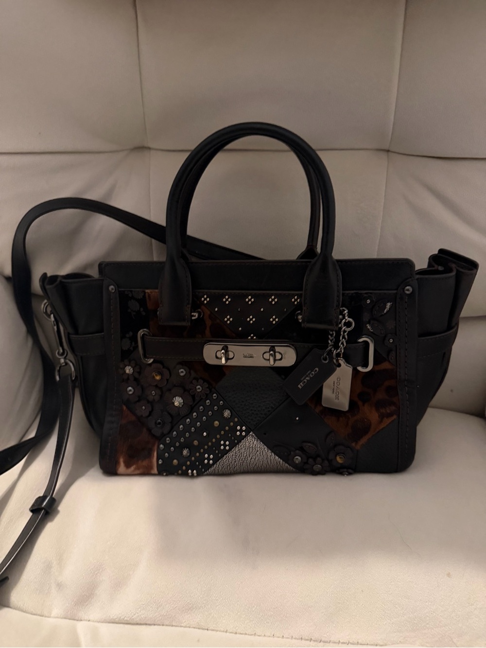 Coach Black Leather Patchwork Satchel with Leopard Accents
